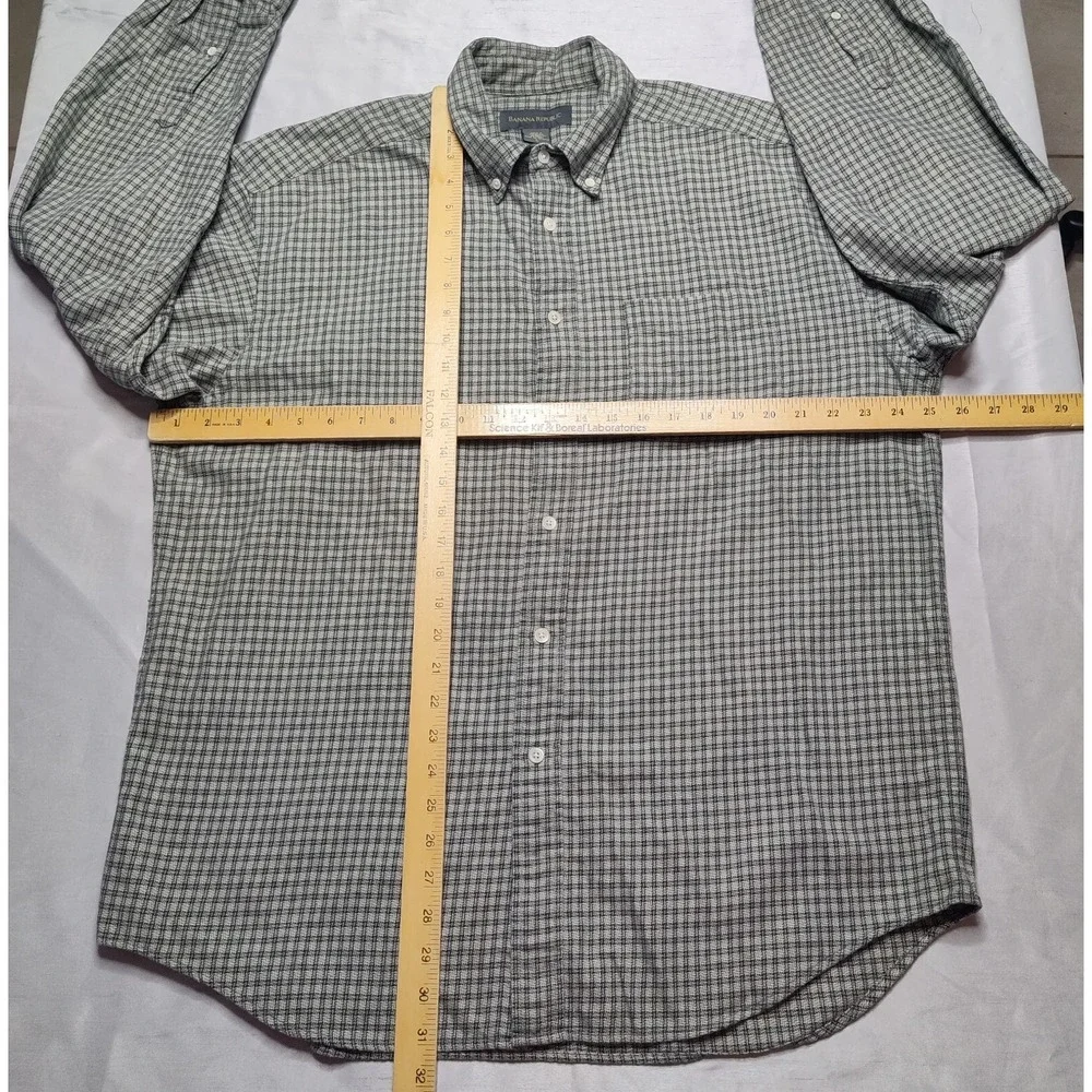 BANANA REPUBLIC Men Large‎ Green Check Medium-Weight Cotton Button Shirt